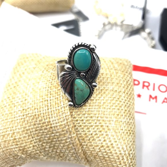 Vintage Navajo Sterling Silver Southwest Double Turquoise Stone Ring Size 7 - Picture 5 of 5